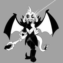 Size: 1500x1500 | Tagged: safe, artist:midnight-wizard, princess ember, dragon, g4, bloodstone scepter, clothes, cosplay, costume, dragon lord ember, female, glowing eyes, monochrome, solo, undertale, undyne, undyne the undying