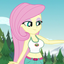 Size: 720x720 | Tagged: safe, edit, edited screencap, editor:ah96, screencap, fluttershy, equestria girls, g4, my little pony equestria girls: legend of everfree, bedroom eyes, belly button, belt, big breasts, breast edit, breasts, busty fluttershy, cleavage, clothes, cropped, eyeshadow, female, makeup, midriff, sexy, shorts, solo, tank top