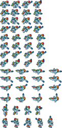 Size: 229x468 | Tagged: safe, artist:mega-poneo, rainbow dash, pony, g4, arm cannon, female, flying, mega man (series), megapony, pixel art, simple background, solo, sprite, sprite sheet, transparent background, video game, wall climbing