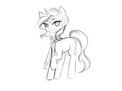 Size: 1600x1200 | Tagged: safe, artist:sugarberry, derpibooru exclusive, sunset shimmer, pony, unicorn, black and white, clothes, commission, female, grayscale, lidded eyes, looking at you, missing cutie mark, monochrome, raised hoof, scarf, simple background, sketch, smiling, solo, white background, wip