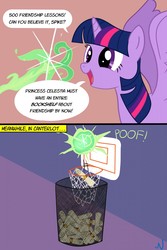 Size: 853x1280 | Tagged: safe, artist:nuka-kitty, twilight sparkle, alicorn, pony, g4, fire, fire breath, friendship lesson, funny, implied spike, letter, teleportation, trash can, twilight sparkle (alicorn)