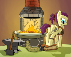 Size: 1280x1025 | Tagged: safe, artist:pencils, oc, oc only, earth pony, pony, anvil, apron, bellows, blacksmith, butt, clothes, female, fire, forge, hair tie, hammer, heat, mare, plot, smithing, solo, sweat, tail wrap, working