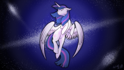 Size: 4000x2250 | Tagged: safe, artist:dragonwolfrooke, twilight sparkle, alicorn, pony, g4, 4everfreebrony, eyes closed, female, high res, horn, mare, signature, solo, song cover, spread wings, twilight sparkle (alicorn), wallpaper, wings