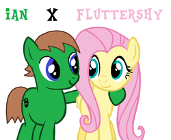 Size: 812x666 | Tagged: safe, fluttershy, oc, oc:ian, earth pony, pony, g4, base used, canon x oc, hoof around neck, looking at each other, male, ms paint, self insert, shipping, simple background, smiling, specific name, straight, white background