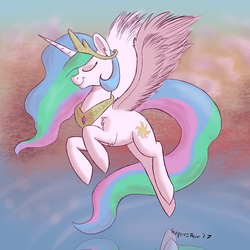 Size: 1700x1700 | Tagged: safe, artist:hypno, princess celestia, g4, eyes closed, female, flying, solo, water