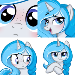 Size: 1000x1000 | Tagged: safe, artist:askbubblelee, oc, oc only, oc:bubble lee, pony, unicorn, blushing, crossed hooves, cute, female, freckles, icon, looking at you, mare, ocbetes, sassy, smiling, solo, unamused
