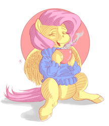 Size: 1080x1250 | Tagged: safe, artist:mongol, fluttershy, pegasus, pony, g4, blue sweater, bottomless, clothes, digital art, eyes closed, featureless crotch, female, hoof hold, mare, mug, open mouth, partial nudity, pink hair, pink mane, pink tail, sitting, solo, sweater, sweatershy, turtleneck, yellow coat