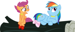 Size: 17067x7353 | Tagged: safe, artist:cyanlightning, rainbow dash, scootaloo, pegasus, pony, g4, .svg available, absurd resolution, clothes, duo, ear piercing, jewelry, log, piercing, simple background, sitting, socks, striped socks, transparent background, vector