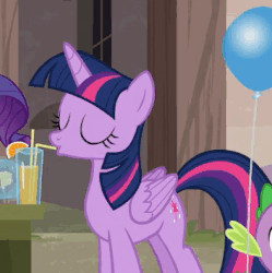 Size: 353x354 | Tagged: safe, screencap, discord, rarity, spike, trixie, twilight sparkle, alicorn, dragon, flying pig, pig, pony, g4, to where and back again, :t, animated, balloon, cute, drinking, eyes closed, folded wings, gif, happy, juice, levitation, looking back, magic, raised hoof, smiling, solo focus, surprised, telekinesis, twiabetes, twilight sparkle (alicorn)