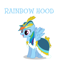 Size: 3024x2944 | Tagged: safe, artist:canon-lb, edit, rainbow dash, pegasus, pony, g4, bycocket, caption, clothes, cute, dashabetes, dress, female, hat, high res, hooves, mare, open mouth, rainbow dash always dresses in style, robin hood, simple background, smiling, solo, spread wings, text, vector, white background, wings