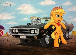 Size: 1280x928 | Tagged: safe, artist:jet-ann, applejack, earth pony, pony, g4, bipedal, car, dodge charger, fast and furious, female, solo, traditional art