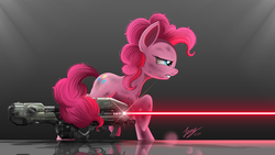 Size: 2200x1238 | Tagged: safe, artist:duskie-06, pinkie pie, earth pony, pony, g4, blaster, burn marks, crossover, dirty, energy weapon, female, fluffy, frown, glare, gritted teeth, gun, halo (series), laser, lidded eyes, messy mane, ponies with guns, prehensile tail, profile, raised hoof, reflection, solo, spartan laser, tail, tail hold, weapon