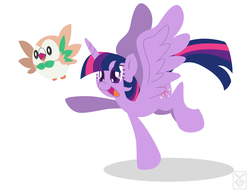 Size: 3300x2550 | Tagged: safe, artist:inspectornills, twilight sparkle, alicorn, pony, rowlet, g4, crossover, cute, duo, flying, high res, large wings, open mouth, pokémon, pokémon sun and moon, shadow, simple background, smiling, spread wings, twiabetes, twilight sparkle (alicorn), white background, wings