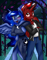 Size: 1600x2009 | Tagged: safe, artist:jack-pie, princess luna, oc, oc:fowac, alicorn, anthro, unguligrade anthro, g4, alicorn oc, arm hooves, blushing, clothes, commission, crossed hooves, crown, cute, dress, eyeshadow, jacket, jewelry, lunabetes, makeup, one eye closed, open mouth, pants, regalia, royal gardens, shipping, spread wings, wink