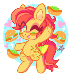Size: 854x915 | Tagged: safe, artist:dolcisprinkles, munchy, earth pony, pony, g1, g4, bipedal, burger, cute, female, food, g1 to g4, g1betes, generation leap, hamburger, heart, heart eyes, hot dog, mare, meat, one eye closed, sausage, simple background, smiling, solo, starry eyes, that pony sure does love burgers, transparent background, wingding eyes, wink