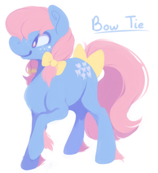 Size: 679x744 | Tagged: safe, artist:bananasmores, bow tie (g1), earth pony, pony, g1, bow, female, freckles, hair bow, looking away, mare, name, raised hoof, simple background, solo, tail bow, white background