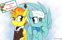 Size: 1108x721 | Tagged: safe, artist:dangercloseart, fleetfoot, spitfire, pegasus, pony, g4, bomber jacket, christmas, clothes, female, fleetfire, holly, holly mistaken for mistletoe, jacket, lesbian, shipping