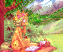 Size: 2211x1842 | Tagged: safe, artist:keursh29, oc, oc only, book, floral head wreath, flower, glasses, picnic, scenery, solo, tree