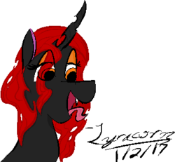 Size: 340x314 | Tagged: safe, artist:lyracorn, oc, oc only, oc:queen toxicity, changeling, changeling queen, bust, changeling oc, changeling queen oc, female, orange, red changeling, red mane, solo, tongue out