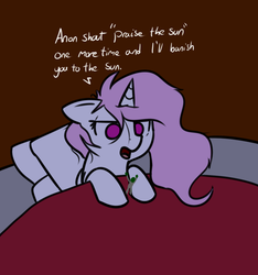Size: 1196x1279 | Tagged: safe, artist:neuro, princess celestia, oc, oc:anon, human, pony, g4, bed, blanket, colored pupils, dialogue, floppy ears, giant pony, lidded eyes, macro, open mouth, pillow, praise the sun, tired, unamused