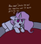 Size: 1196x1279 | Tagged: safe, artist:neuro, princess celestia, oc, oc:anon, human, pony, g4, bed, blanket, colored pupils, dialogue, floppy ears, giant pony, lidded eyes, macro, open mouth, pillow, praise the sun, tired, unamused