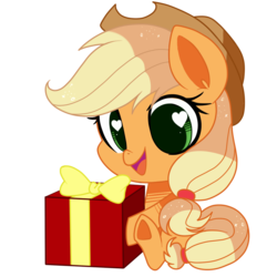 Size: 1000x1000 | Tagged: safe, artist:faryawolf, artist:hikariviny, applejack, g4, chibi, cowboy hat, cute, female, hat, heart eyes, jackabetes, open mouth, present, simple background, sitting, smiling, solo, stetson, transparent background, underhoof, wingding eyes