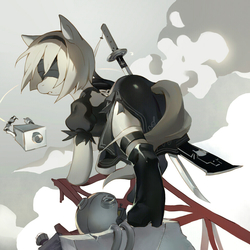 Size: 1024x1024 | Tagged: safe, artist:迷路子, 042, 2b, blindfold, butt, crossover, nier, nier: automata, plot, ponified, sword, weapon
