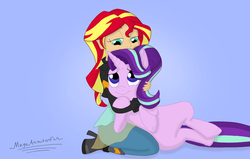 Size: 3750x2379 | Tagged: safe, artist:megaanimationfan, starlight glimmer, sunset shimmer, equestria girls, g4, duo, gradient background, high res, hug, human and pony, kneeling, lidded eyes, looking at each other, signature, smiling