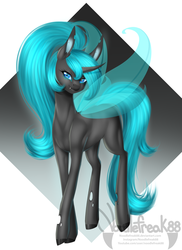 Size: 2393x3279 | Tagged: safe, artist:noodlefreak88, oc, oc only, changeling, abstract background, blue changeling, changeling oc, curved horn, ear fluff, eye contact, female, glass changeling, gradient background, high res, horn, long ears, looking at each other, raised hoof, solo, transparent wings, youtuber