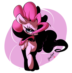 Size: 1280x1293 | Tagged: safe, artist:sourspot, pinkie pie, earth pony, pony, g4, angry, cross-popping veins, female, glare, grin, hair over one eye, hotblooded pinkie pie, lidded eyes, looking at you, mare, raised hoof, simple background, smiling, smirk, solo, white background