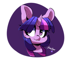 Size: 1280x1084 | Tagged: safe, artist:sourspot, twilight sparkle, g4, bust, cute, female, grin, hair over one eye, looking away, portrait, signature, simple background, smiling, solo, white background