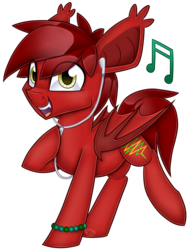 Size: 3332x4404 | Tagged: safe, artist:partypievt, oc, oc only, oc:tune twister, bat pony, pony, bat pony oc, bracelet, commission, cute, earbuds, fangs, high res, jewelry, kandi, looking at you, music notes, open mouth, raised hoof, simple background, smiling, solo, transparent background