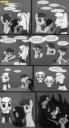 Size: 2000x3707 | Tagged: safe, artist:nimaru, oc, oc only, oc:iron strike, oc:landslide, oc:luau, comic:like a landslide, carrot, comic, crying, flower, flower in hair, food, high res, monochrome, neo noir, partial color, sleeping