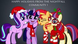 Size: 1024x576 | Tagged: safe, artist:nightfallmelody, moondancer, starlight glimmer, sunset shimmer, twilight sparkle, alicorn, pony, unicorn, g4, christmas sweater, clothes, counterparts, grin, happy holidays, hat, holly, looking at you, one eye closed, open mouth, raised hoof, santa hat, scarf, smiling, socks, striped socks, sweater, twilight sparkle (alicorn), twilight's counterparts, wink