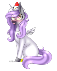 Size: 1675x2103 | Tagged: safe, artist:ohhoneybee, oc, oc only, alicorn, pony, chicken hat, female, mare, silly, silly pony, simple background, sitting, solo, tongue out, transparent background