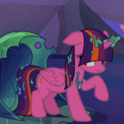 Size: 300x300 | Tagged: safe, color edit, edit, edited screencap, editor:watermelon changeling, screencap, twilight sparkle, alicorn, goo, pony, g4, to where and back again, animated, changeling slime, color cycling, colored, dancing, female, floppy ears, frown, gif, headbob, loop, party hard, raised hoof, solo, stamping, stomping, twilight sparkle (alicorn), unhappy, wat, wet mane