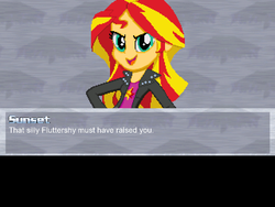 Size: 640x480 | Tagged: safe, artist:toonalexsora007, fluttershy, sunset shimmer, equestria girls, g4, female, implied fluttershy, mugen, pokémon, quote