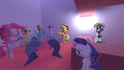 Size: 1920x1080 | Tagged: safe, artist:charlydasher, applejack, derpy hooves, fluttershy, pinkie pie, rainbow dash, rarity, twilight sparkle, pegasus, pony, g4, 3d, cafe, female, gmod, mane six, mare