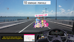 Size: 2691x1513 | Tagged: safe, artist:eddoeditya28, applejack, fluttershy, pinkie pie, rainbow dash, rarity, spike, twilight sparkle, g4, bahasa indonesia, bus, mane seven, mane six, om telolet om, vehicle interior