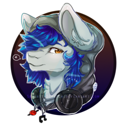 Size: 1293x1281 | Tagged: safe, artist:serenity, oc, oc only, oc:scratche aux, pony, clothes, cutie, fluffy, headphones, hoodie, jewelry, male, music, necklace, qt 3.14, solo, speech bubble, stallion