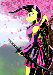 Size: 2000x2800 | Tagged: safe, artist:mopyr, fluttershy, anthro, g4, badass, clothes, female, flutterbadass, high res, katana, kimono (clothing), solo, sword, weapon