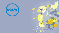 Size: 1024x576 | Tagged: safe, artist:drewdini, artist:fikran0582, edit, derpy hooves, pegasus, pony, g4, dell, female, logo, mare, solo, stolen art, wallpaper