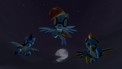 Size: 1920x1080 | Tagged: safe, artist:charlydasher, rainbow dash, soarin', spitfire, pony, g4, 3d, clothes, full moon, gmod, moon, night, nightwatch, stars, wonderbolts, wonderbolts uniform