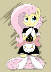 Size: 750x1064 | Tagged: dead source, safe, artist:meowmavi, fluttershy, pegasus, pony, g4, bipedal, clothes, cute, ear fluff, female, fluttermaid, gloves, hooves together, maid, shyabetes, solo, stockings