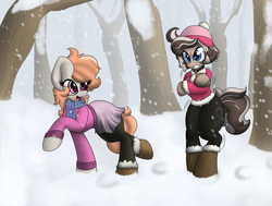Size: 1280x970 | Tagged: safe, artist:k-kopp, oc, oc only, oc:ink drop, oc:kamba zahra, pony, zebra, bipedal, clothes, cold, collar, freezing, outdoors, scarf, shivering, snow, snowfall, winter outfit