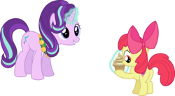 Size: 11599x6400 | Tagged: safe, artist:parclytaxel, apple bloom, starlight glimmer, earth pony, pony, unicorn, a hearth's warming tail, g4, .svg available, absurd resolution, cupcake, female, filly, food, magic, mare, musical instrument, simple background, smiling, tambourine, telekinesis, transparent background, vector