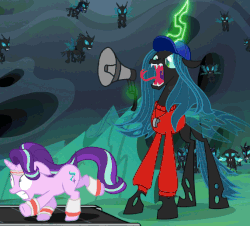 Size: 572x518 | Tagged: safe, artist:artattax, edit, edited edit, edited screencap, screencap, queen chrysalis, starlight glimmer, thorax, changeling, changeling queen, pony, unicorn, g4, season 6, to where and back again, animated, changeling guard, changeling hive, clothes, coach, exercise, female, flying, gif, gritted teeth, hat, i can't believe it's not hasbro studios, i can't believe it's not superedit, levitation, long tongue, magic, male, mare, megaphone, meme, open mouth, perfect loop, running, running in place, spongebob reference, spongebob squarepants, spread wings, sweatband, sweater, telekinesis, the great snail race, tongue out, treadmill, uvula, whistle, whistle necklace