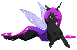 Size: 600x394 | Tagged: safe, artist:basykail, oc, oc only, oc:night, changeling, changeling oc, concave belly, female, mare, prone, purple changeling, simple background, solo, thin, transparent background