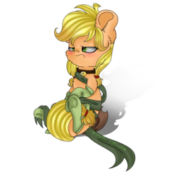 Size: 2048x2048 | Tagged: safe, artist:colorbrush, applejack, g4, bell, bell collar, blushing, clothes, collar, female, frown, heart eyes, high res, ribbon, simple background, socks, solo, transparent background, wingding eyes