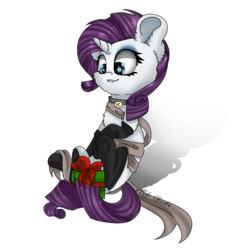 Size: 2048x2048 | Tagged: safe, artist:colorbrush, rarity, g4, bell, bell collar, blushing, clothes, collar, female, heart eyes, high res, lip bite, present, ribbon, simple background, socks, solo, transparent background, wingding eyes